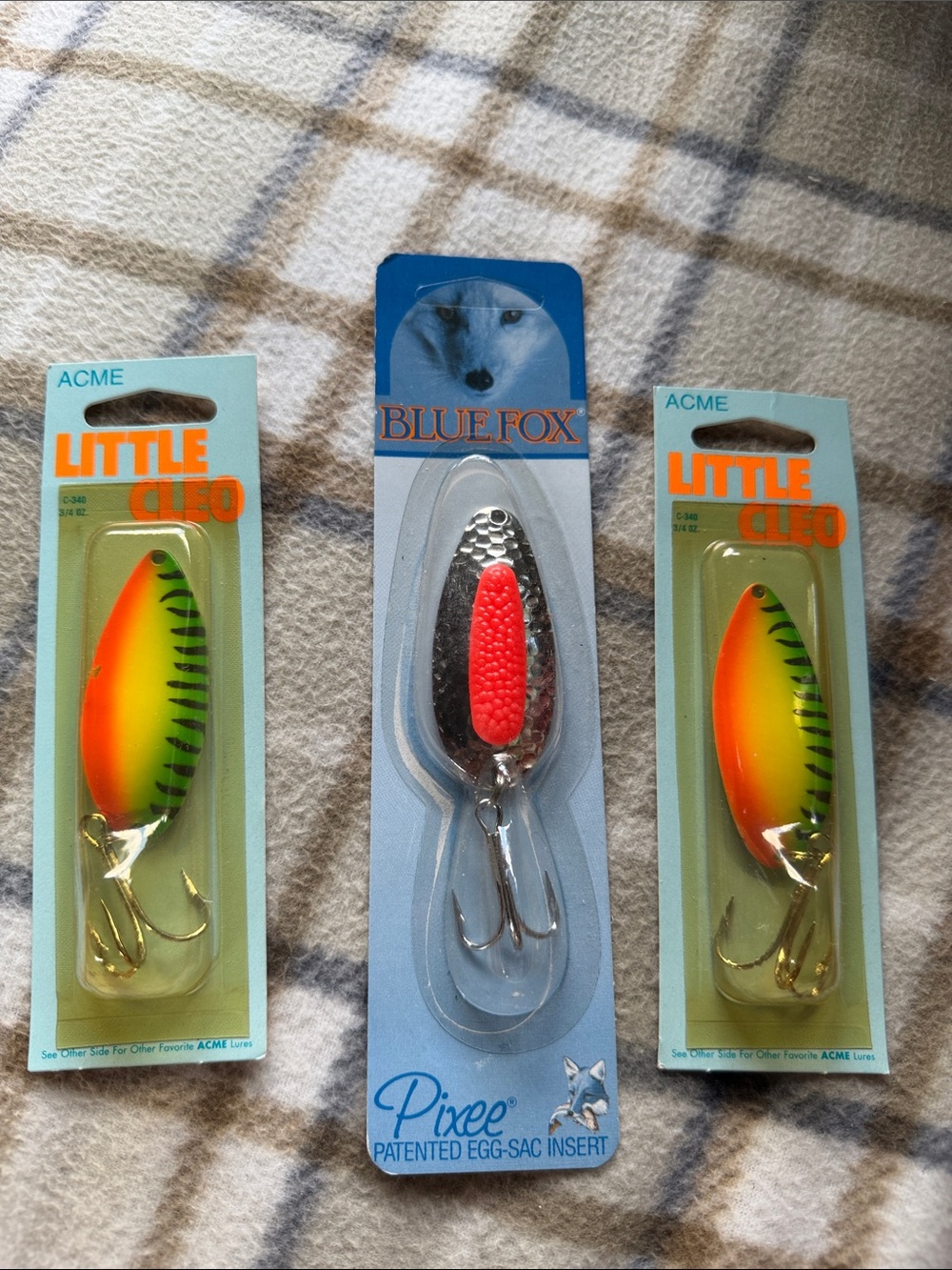 ACME Little Cleo & Blue Fox Fishing Lures - Orange/Green and Silver/Red